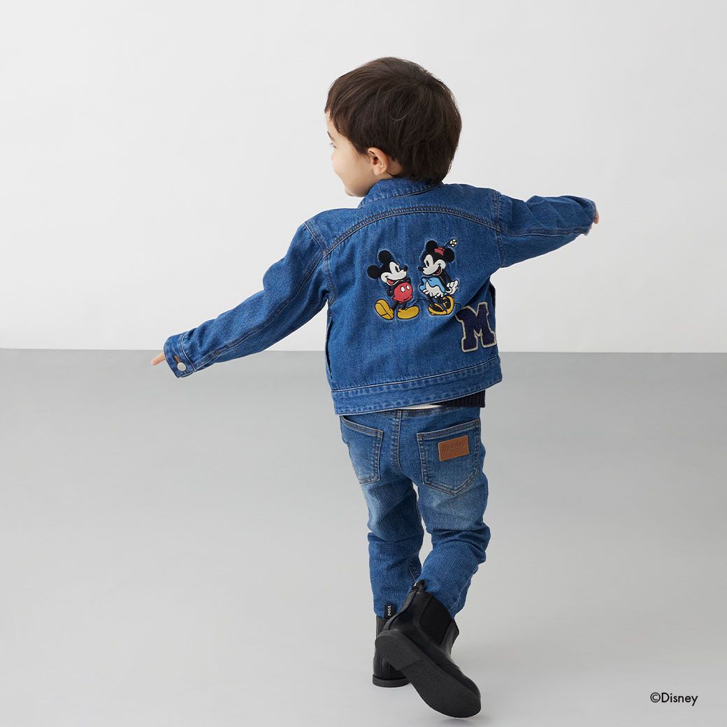 日本 petit main - 聯名款 經典印花廓形牛仔夾克-卡通人物米奇米妮-丹寧藍