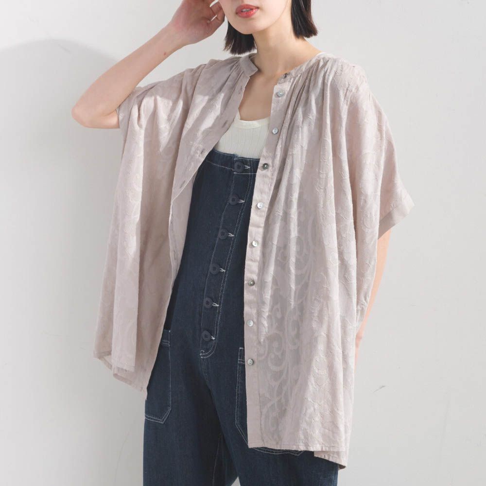 100%棉 透膚感緹花短袖寬版襯衫-淺灰棕