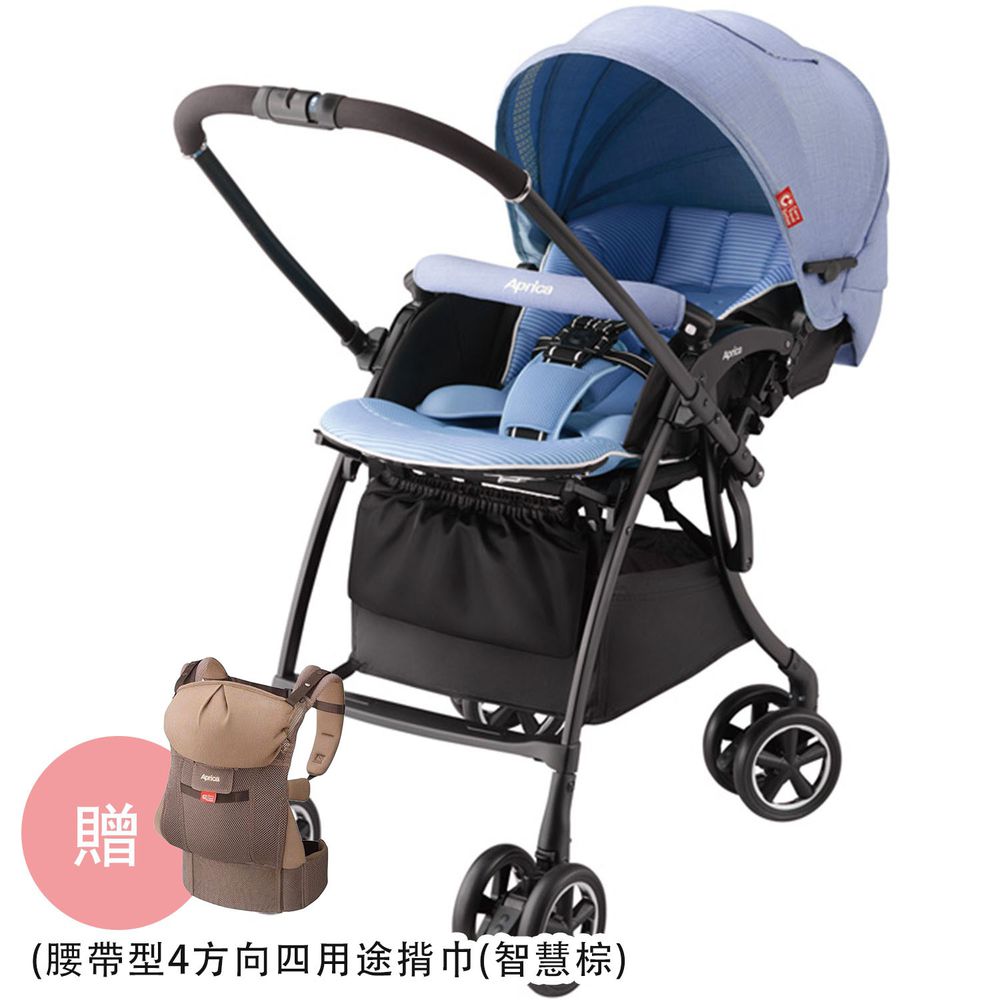 日本 Aprica - 組合 四輪自動定位導向型嬰兒推車-LUXUNA Comfor 藍色海洋 (1m - 3y)-[加贈]腰帶型 4方向四用途揹巾 (智慧棕)