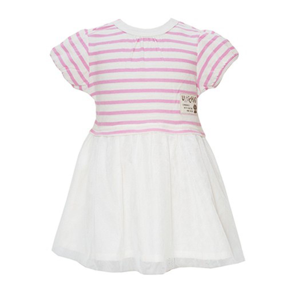 日本ZOOMIC - 條紋拼接紗裙洋裝-粉紅