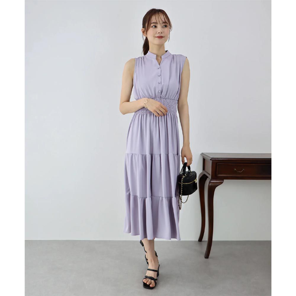日本 BLUE EAST - 接觸冷感 縮腰顯瘦立領無袖洋裝-素面-紫 (M)