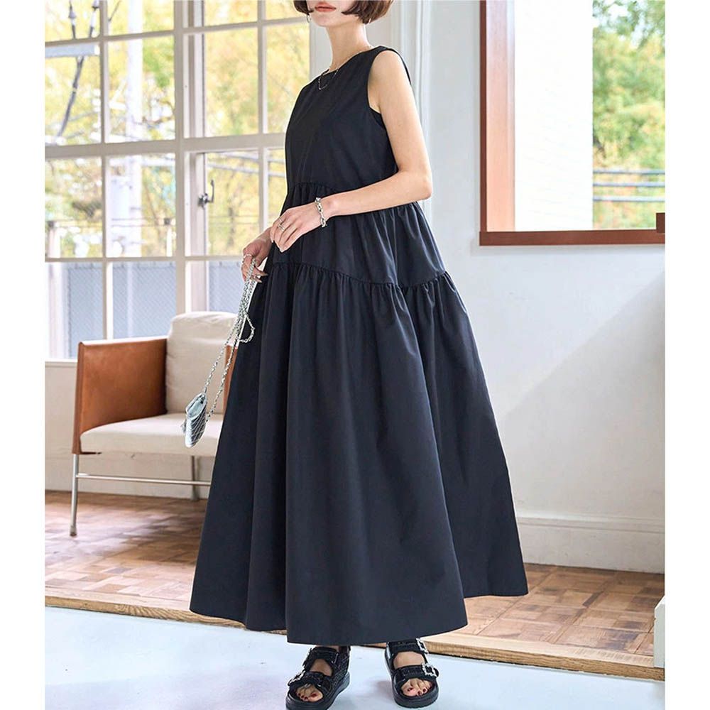渡假風簡約分層無袖洋裝-黑 (M)