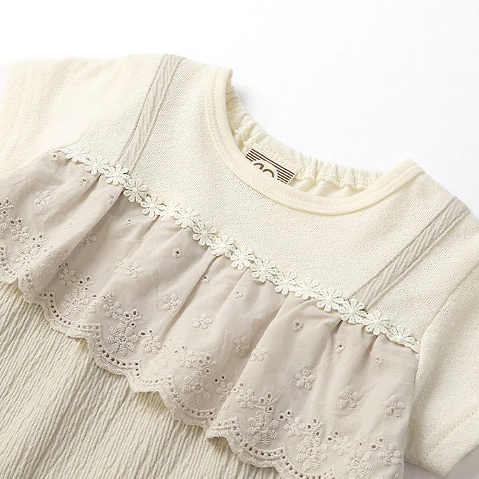 日本 ZOOLAND - 清爽楊柳 假二件蕾絲滾邊短袖上衣-米杏