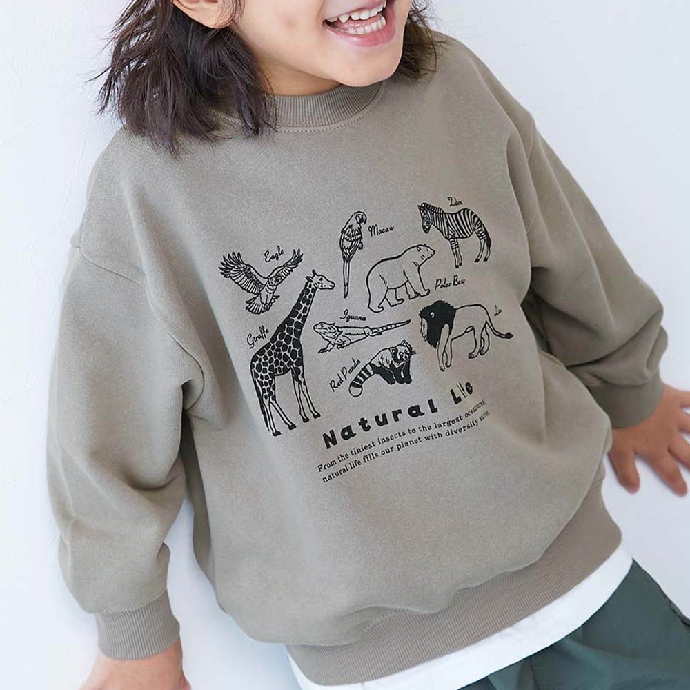 熱銷定番 印花縮口長袖上衣-動物們-灰杏