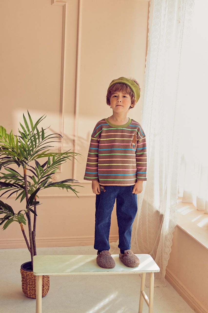 韓國 Mimico - (裏起毛)刺繡打鼓熊條紋T-棕