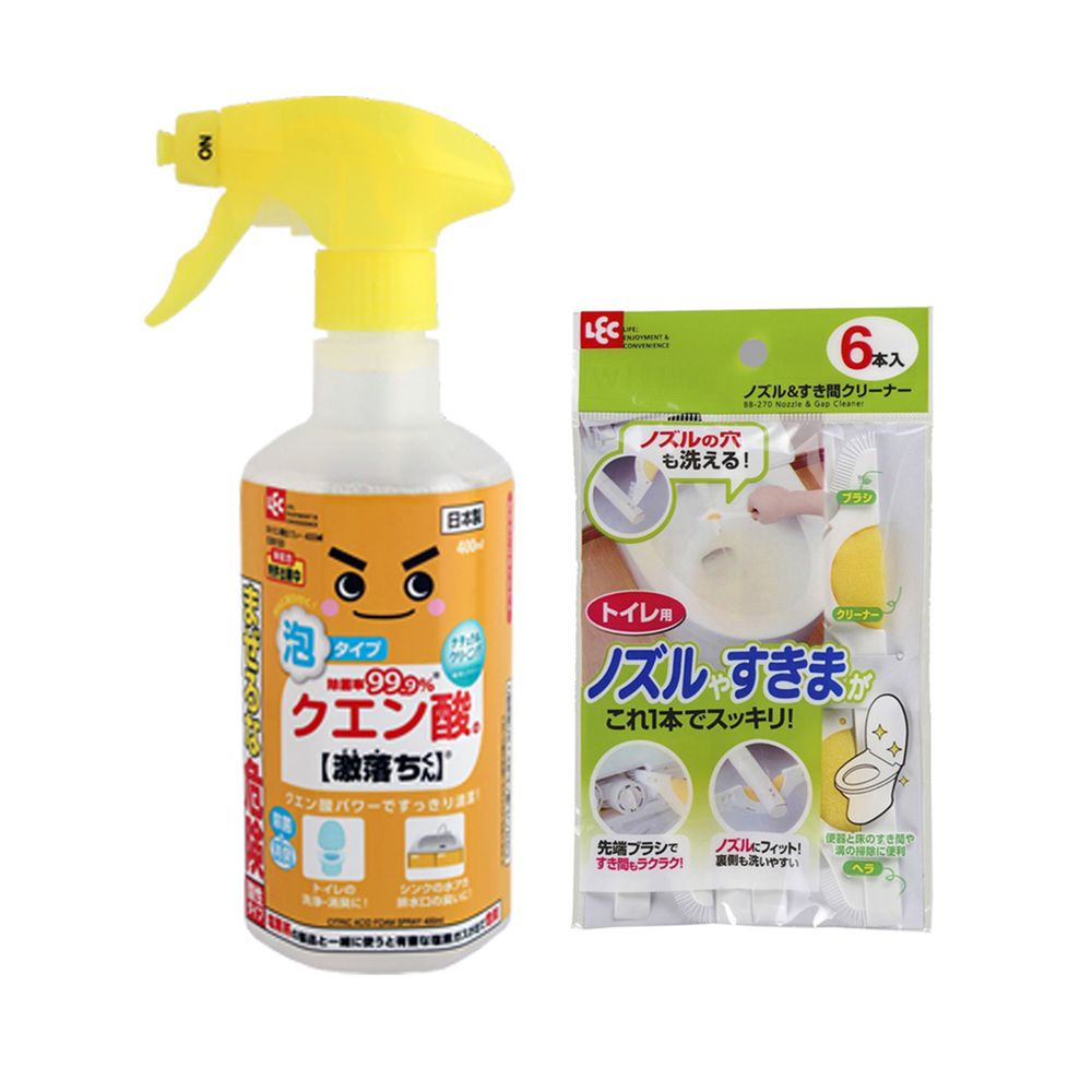 日本 LEC - 馬桶安心清潔組-檸檬酸泡沫清潔劑400ml + 免治馬桶清潔刷6入組