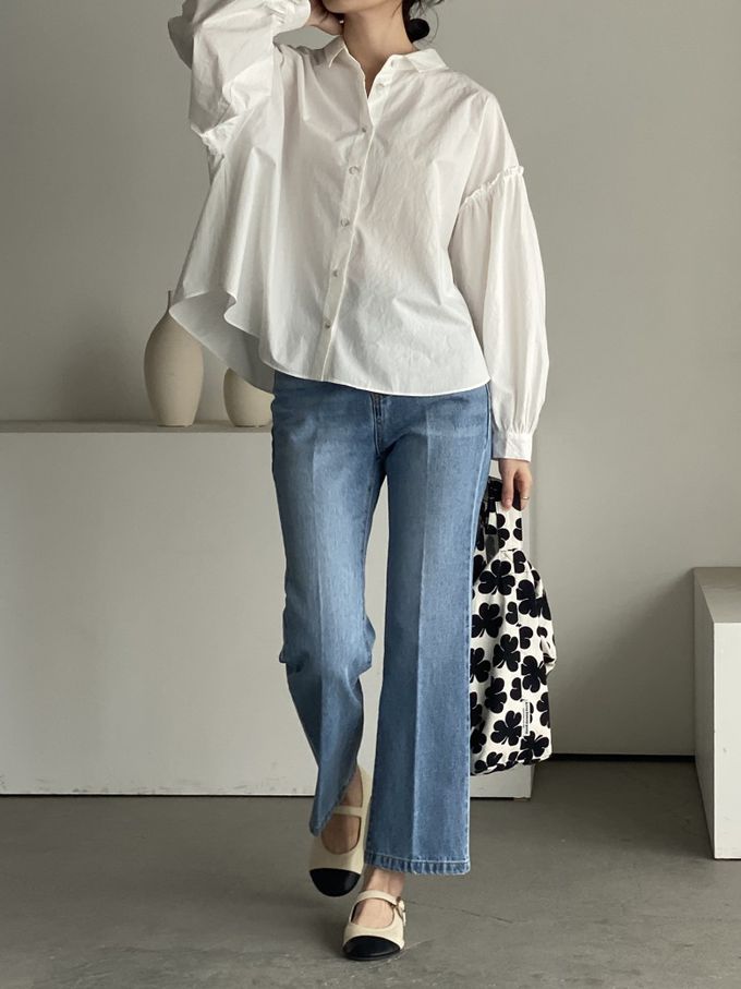 韓國女裝連線 - 極簡拼接翻領長袖襯衫-象牙白 (FREE)