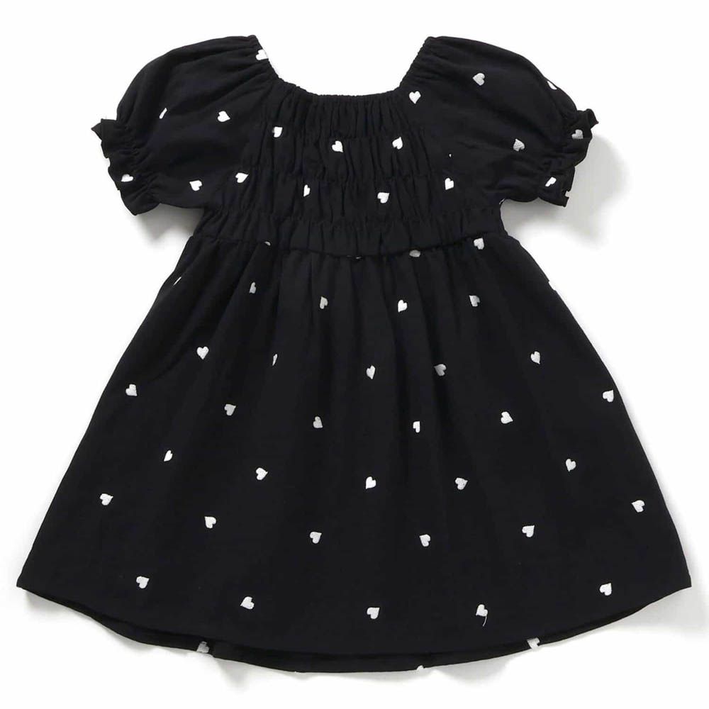 愛心刺繡時尚皺褶短袖洋裝-黑