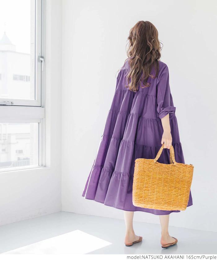 日本 COCA - 純棉氣質超寬鬆A字蛋糕層次長袖洋裝-紫