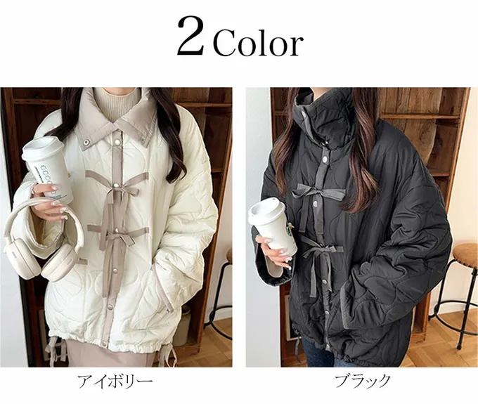 日本 Classical Elf - mily bilet 甜美配色絲帶翻領科技羽絨外套-粉白