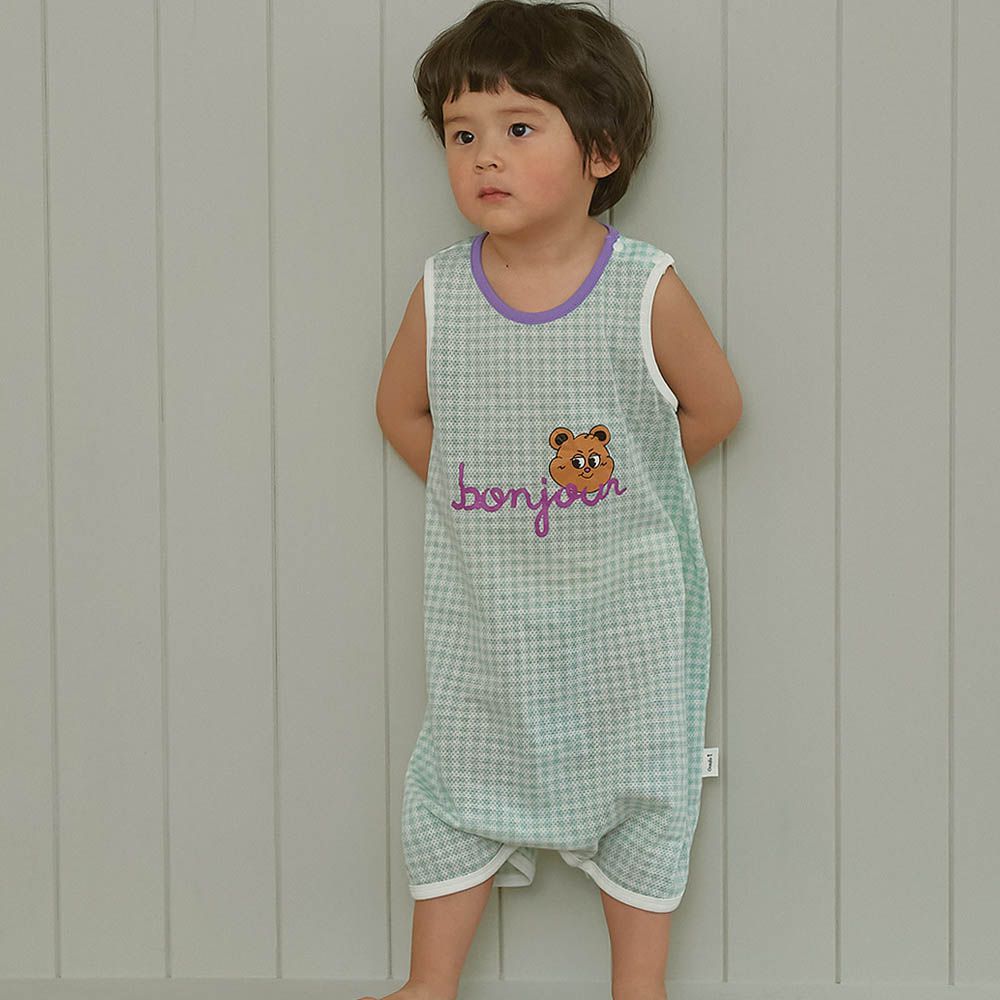 透氣網眼洞洞連身防踢被-格子棕熊-湖水綠