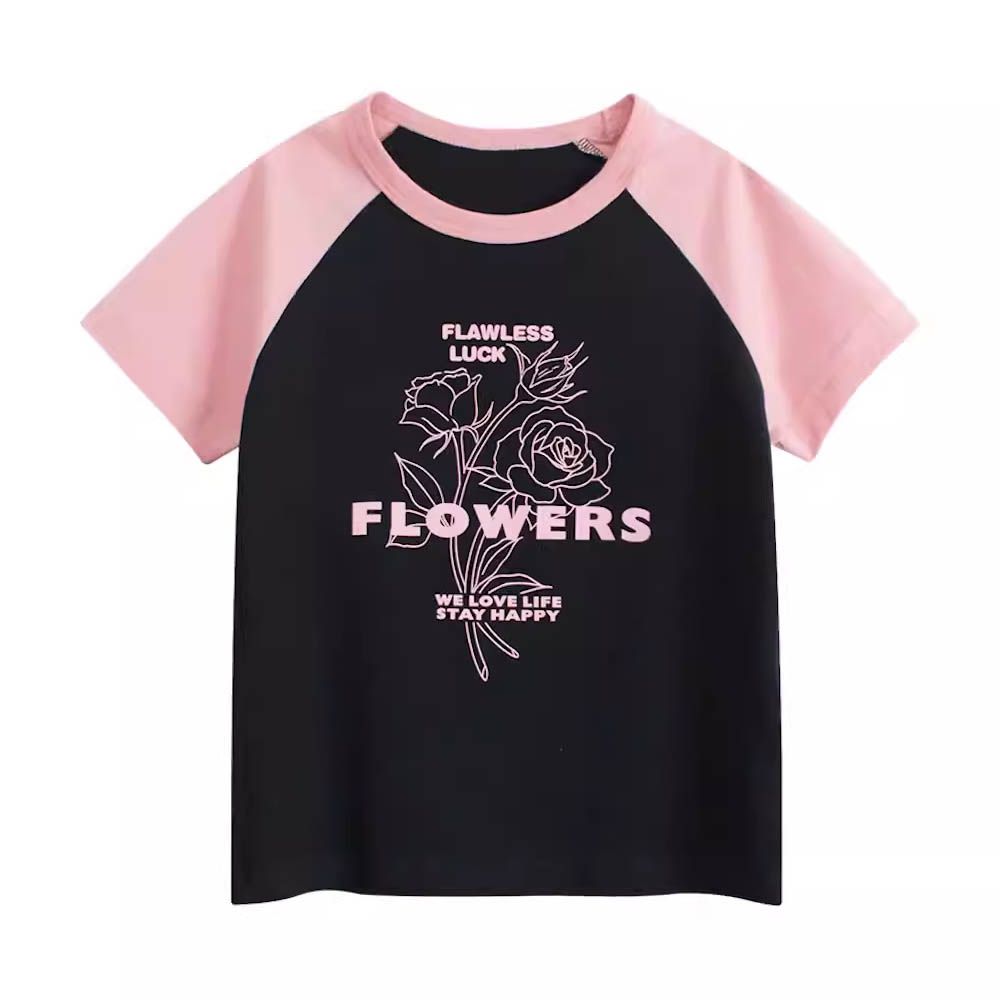 純棉短袖上衣-FLOWERS-黑色/粉紅