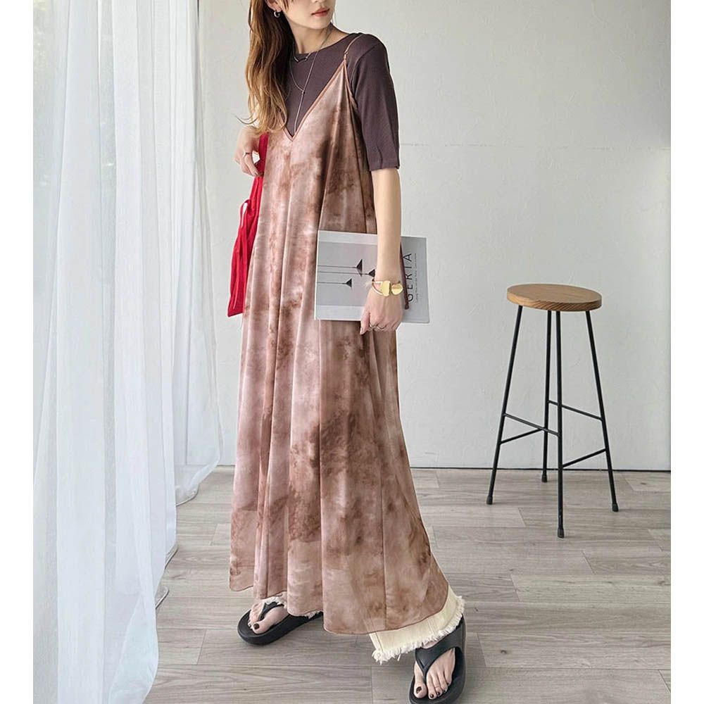 2way奢華薄紗大理石印花吊帶洋裝-橙紅