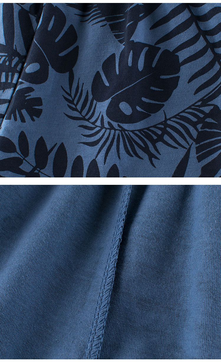 純棉腰鬆緊休閒五分褲-葉子-海軍藍