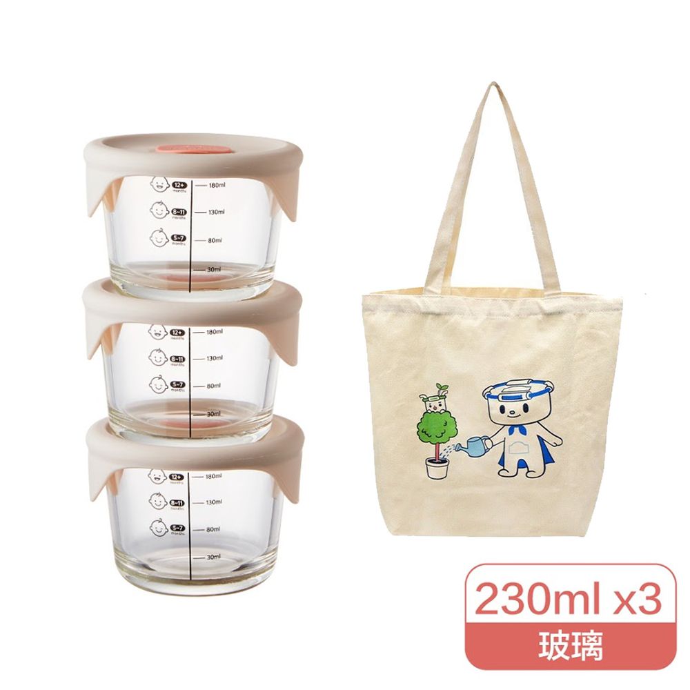 樂扣樂扣 - 寶寶副食品耐熱玻璃調理盒+贈樂扣質感環保帆布袋-圓形-粉灰 (230ml)-三入組