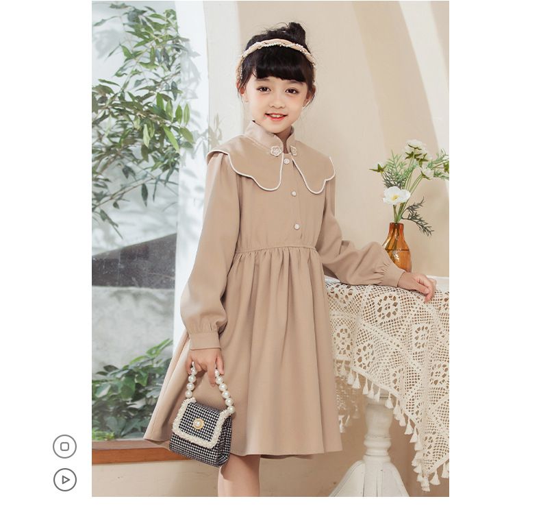 娃娃領燈芯絨長袖洋裝-卡其色