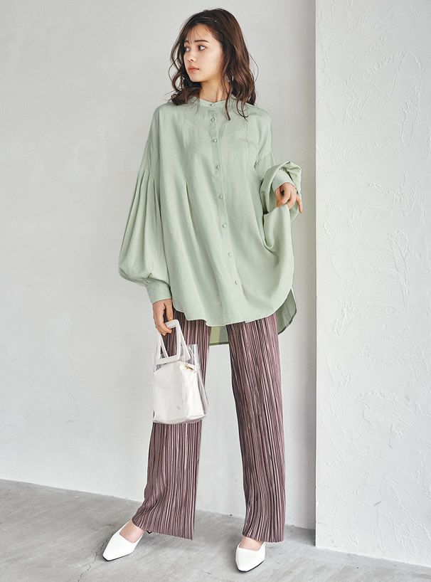 日本 GRL - 修長壓褶百搭彈性鬆緊寬褲-絢麗紫