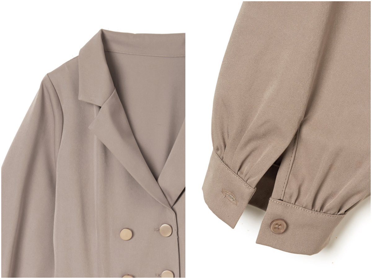 日本 GRL - (微瑕新品)雙排釦風衣造型百褶拼接長袖洋裝-淺灰杏 (M)