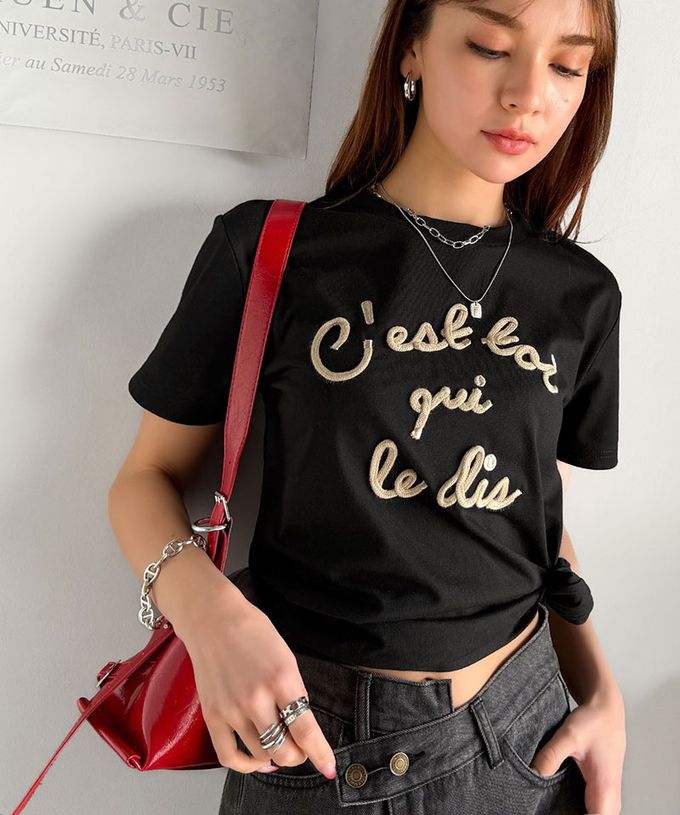 日本 Classical Elf - mily bilet 鮮明立體刺繡率性短袖T恤-黑