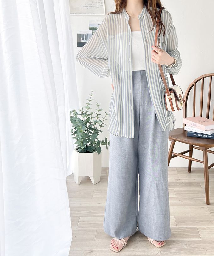 日本 Classical Elf - 透膚優雅休閒條紋寬版襯衫-黑米系