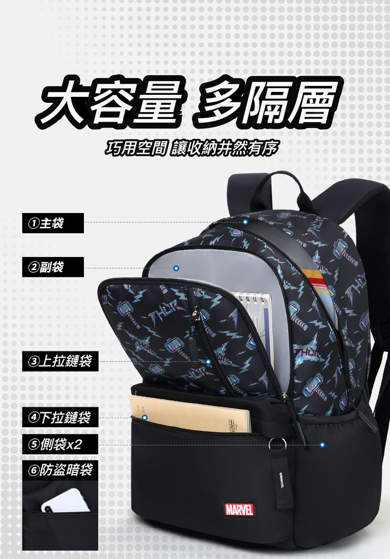 卡通防水耐磨大容量後背包/書包-卡通人物雷神-雷神之鎚-黑色 (建議110-135cm)-30x19x46cm