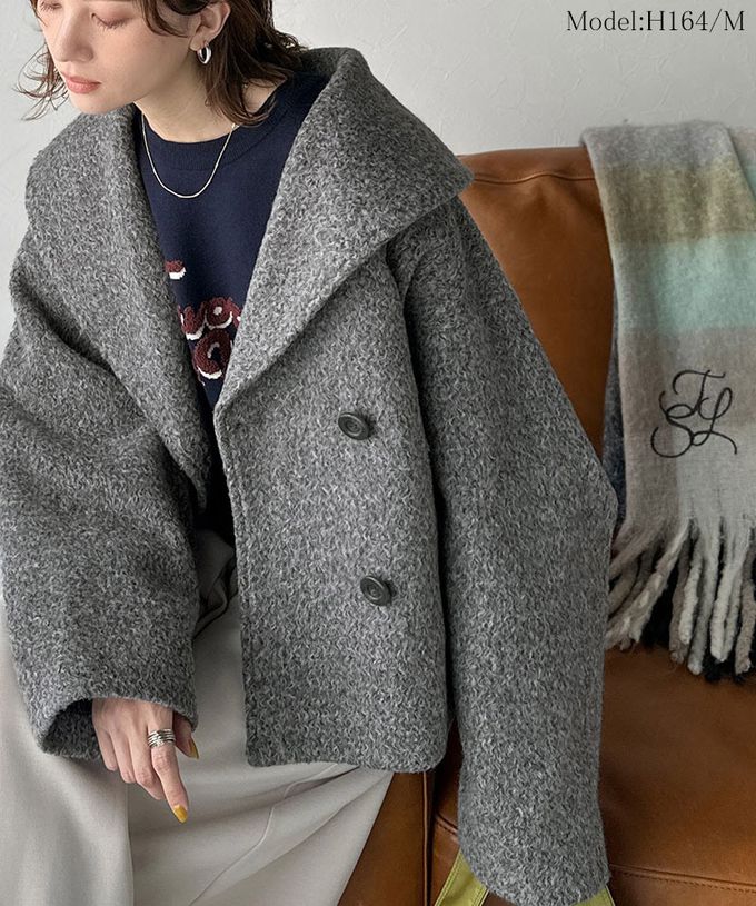 日本 Classical Elf - 注目大翻領優雅毛呢感大衣外套-淺摩卡