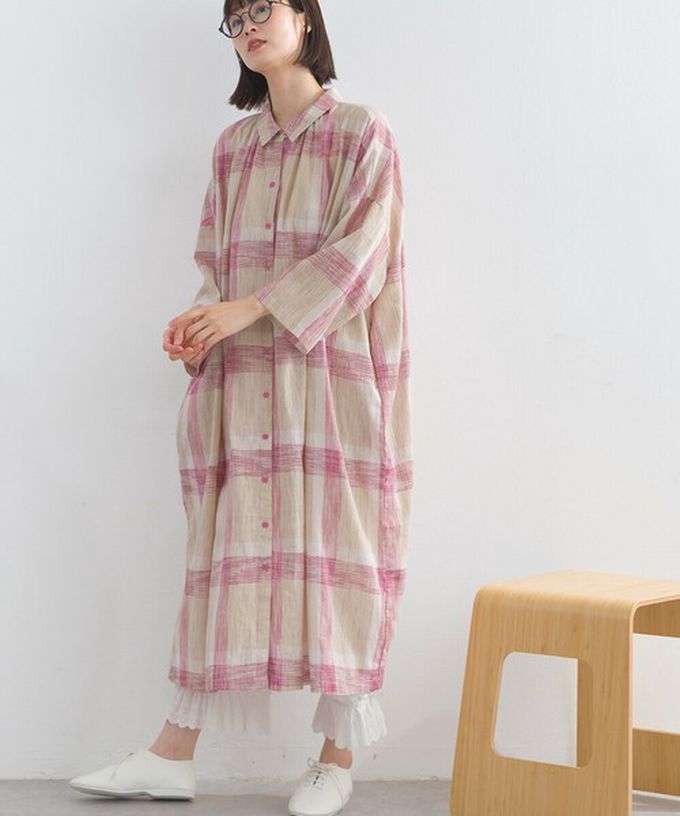 日本 Lupilien - 休閒率性格紋七分袖襯衫洋裝-藍系