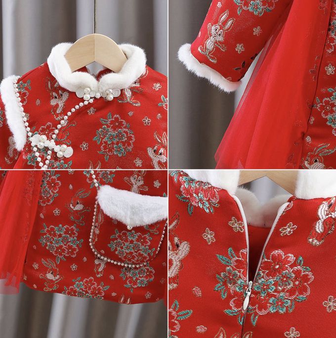 love, charlotte - 拜年旗袍領卡通兔繡花圖騰洋裝-加厚鋪棉-紅色