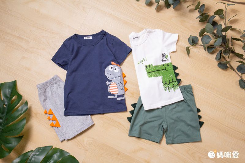 恐龍純棉短袖上衣短褲套組-白Ｘ綠