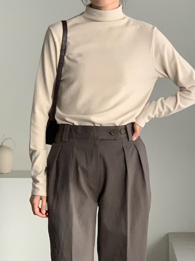 韓國女裝連線 - 百搭中領混羊毛長袖上衣-米杏 (FREE)