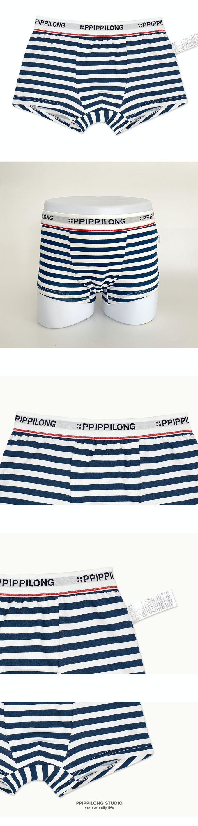 韓國 Ppippilong - 棉質透氣四角褲(男寶)-藍白橫紋-深藍