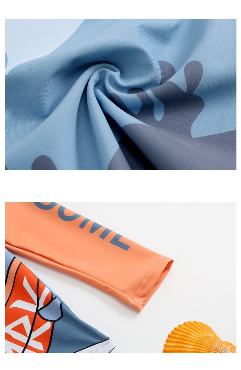 男寶童趣卡通圖長袖泳衣套裝(三件組)-墨鏡鯊魚-灰藍+橘-泳帽、泳衣、泳褲