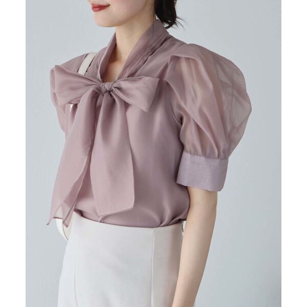 日本 BLUE EAST - 氣質薄紗蝴蝶結泡泡短袖上衣-白
