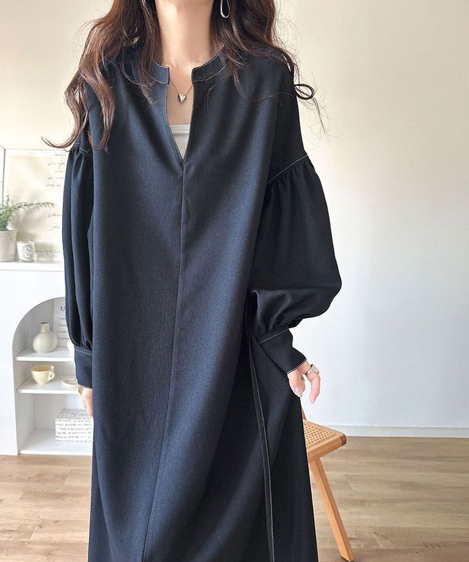 日本 Classical Elf - 鑰匙領氣質澎澎腰綁帶長袖洋裝-咖啡