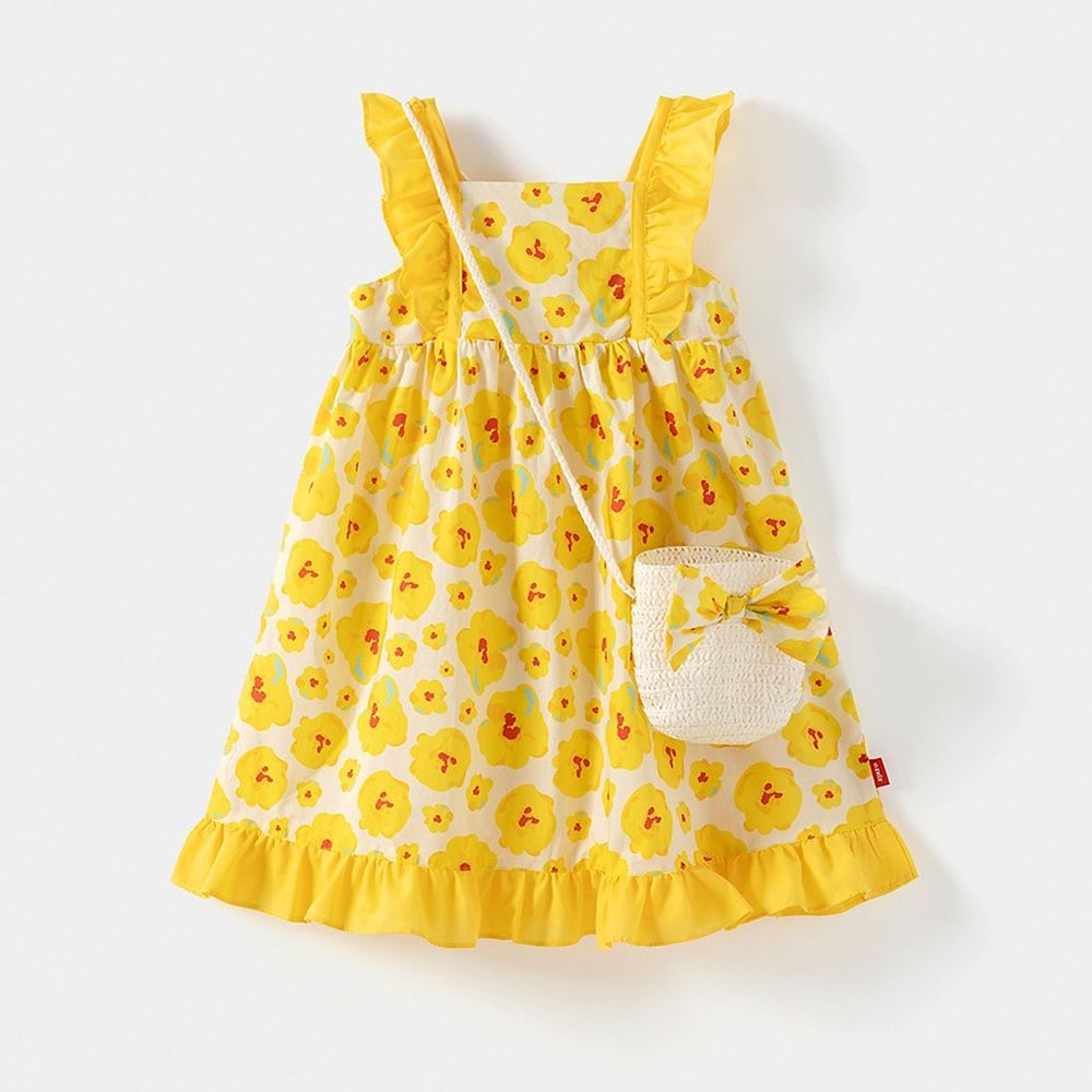(附包包)陽光花朵圖案荷葉背心洋裝-黃