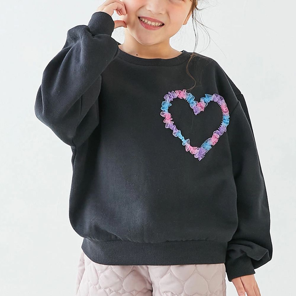 裏起毛蕾絲愛心長袖上衣-黑