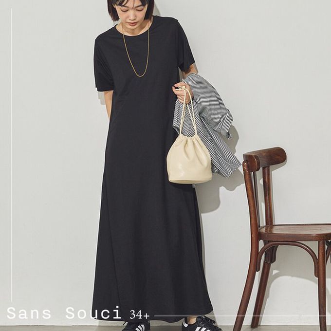 日本 Sans Souci 34+ - 接觸涼感 嫘縈傘擺素色短袖洋裝-水玉x黑