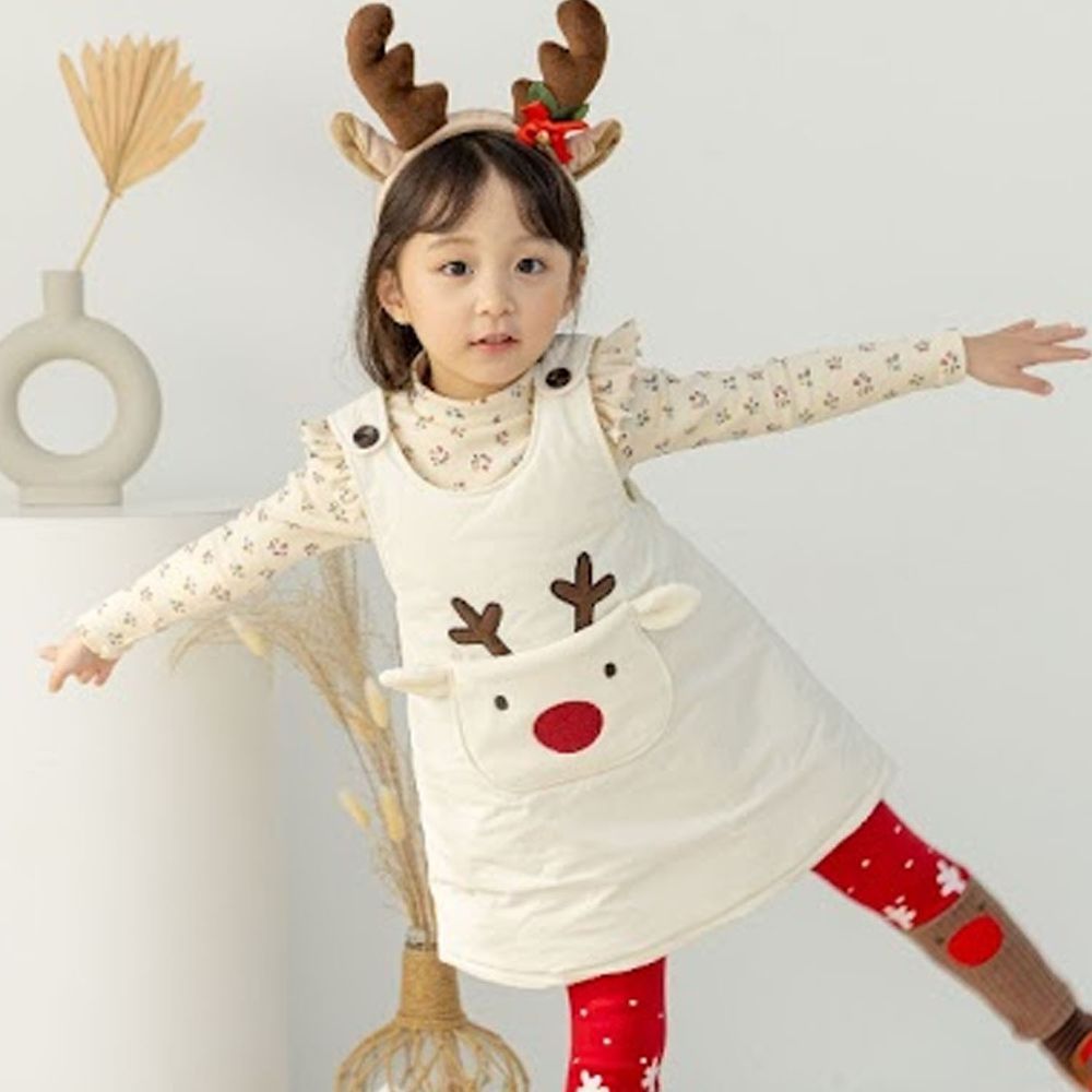 韓國 Orange Mom - 麋鹿口袋鋪棉洋裝-米白