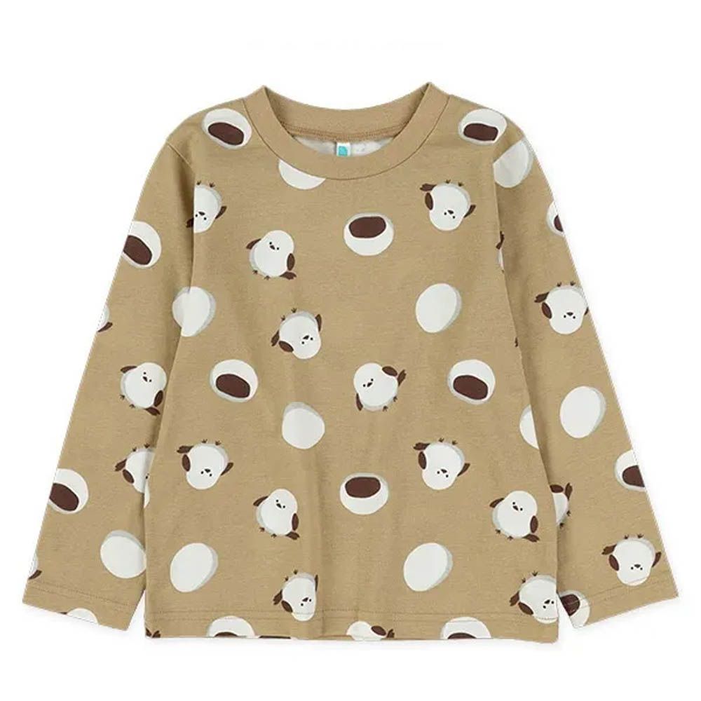 100%棉 滿版可愛印花長袖上衣-小鳥大福-淺棕