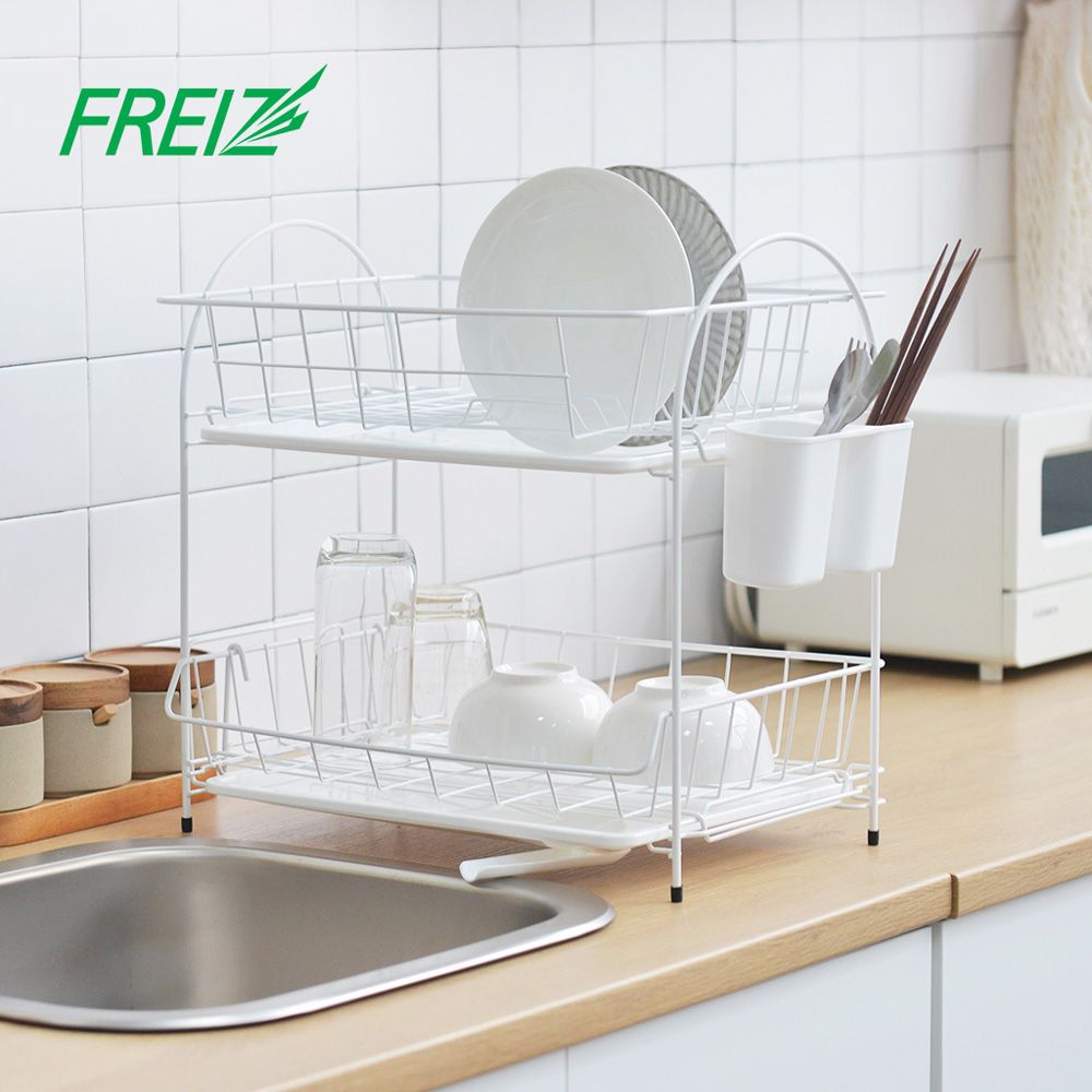 日本和平FREIZ - Blance 寬型雙層碗盤餐具瀝水架(附筷筒)