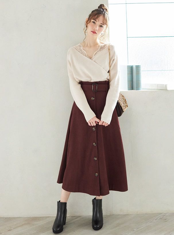 日本 GRL - 蕾絲V領縮腰針織上衣-可可棕