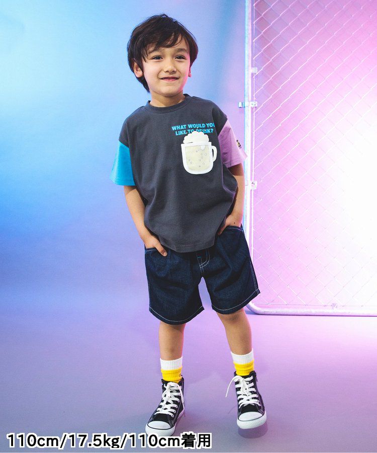 日本 BREEZE - 夏日祭典逗趣刺繡手巾牛仔短褲-幽默師匠-淺藍