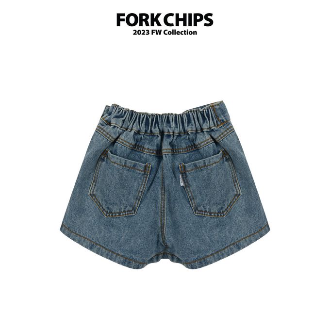 韓國 FORK CHIPS - 鬆緊腰不對稱百褶丹寧褲裙