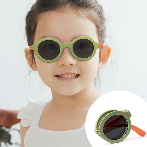 ALEGANT - 輕巧時尚羊角綠兒童專用輕量矽膠彈性折疊太陽眼鏡│UV400圓框摺疊偏光墨鏡