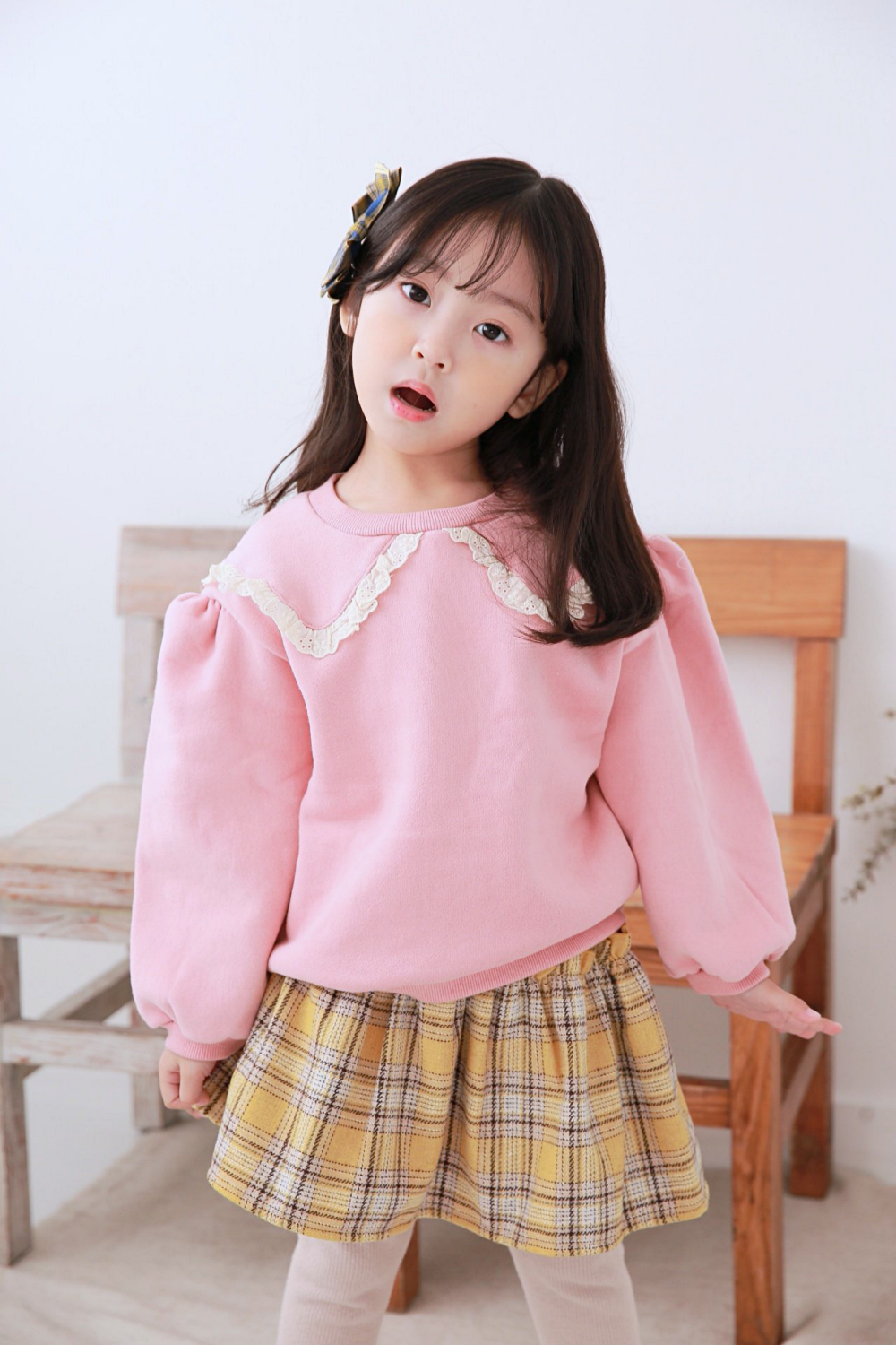 韓國 Dalla - 縮緊帶學院風格子短裙-黃