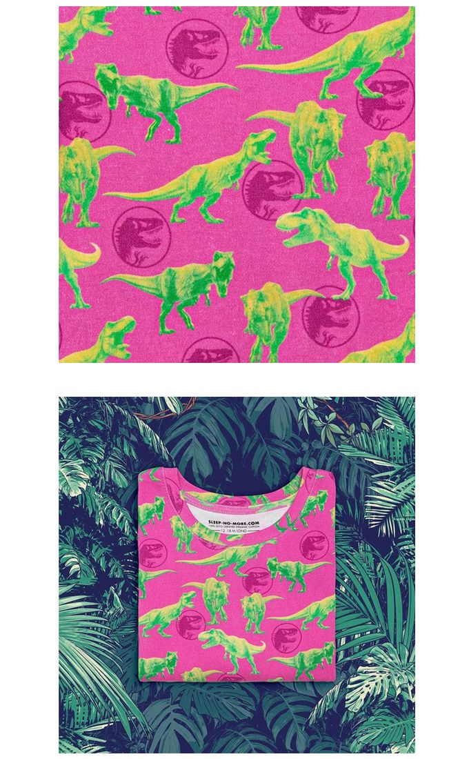 英國 SLEEP NO MORE - 100% 有機棉兒童圓領長袖上衣-儸紀公園/桃底暴龍