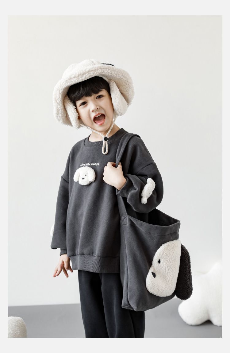 TONGMO - (加絨)立體圓領保暖長袖上衣/大學T-狗狗-淺麻灰色