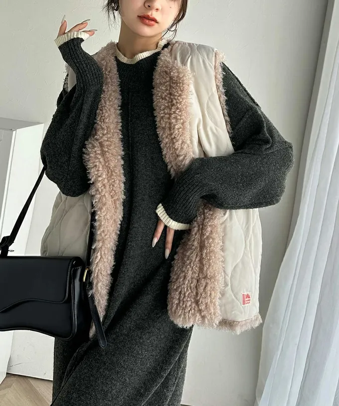 日本 Classical Elf - 溫暖滾邊小立領優雅針織長袖洋裝-米