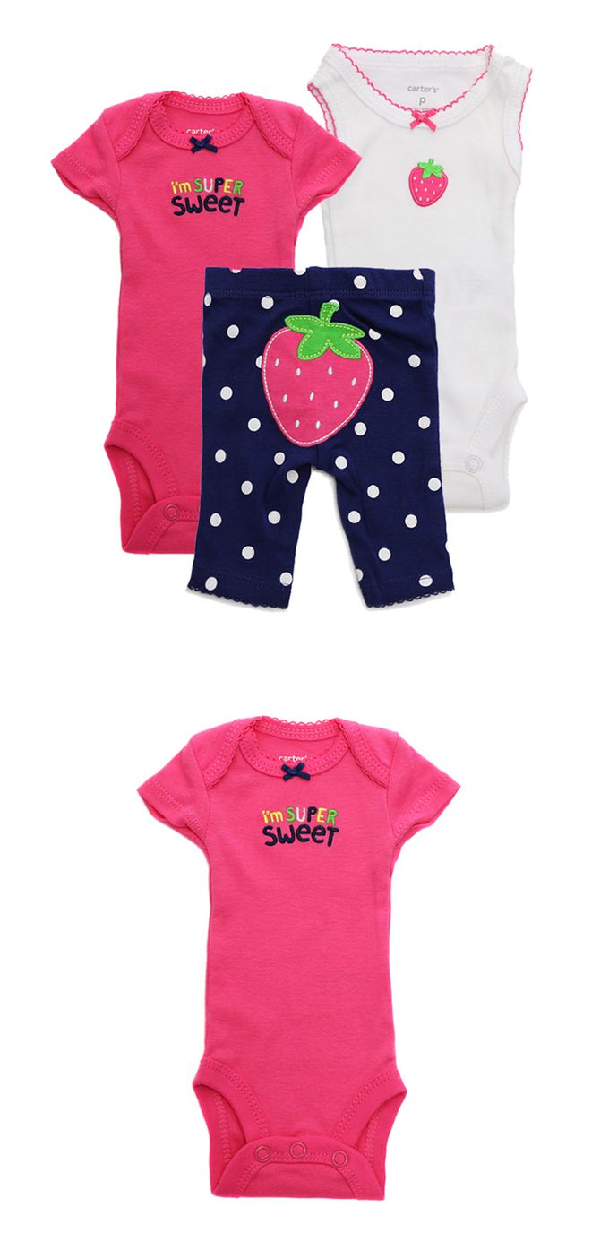 美國 Carter's - 小草莓貼布短袖背心包屁衣+長褲彌月3件組 (NB)