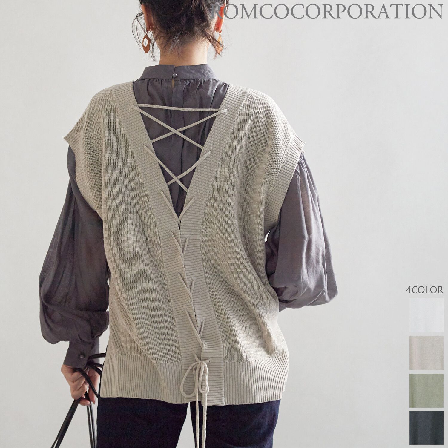 日本女裝代購 - 後綁帶V領落肩針織背心-橄欖綠